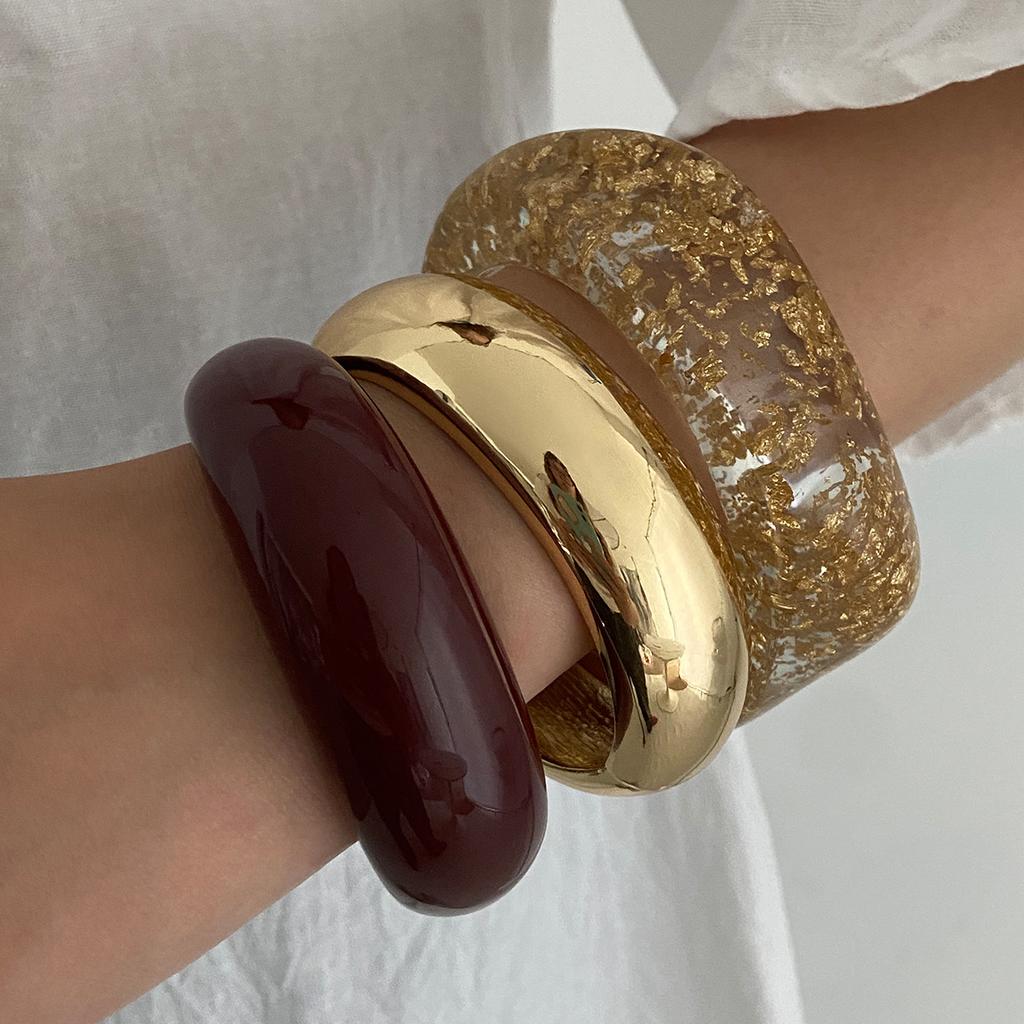 Fashion Transparent Gold Foil Irregular Resin Bracelet, Wind Metal Smooth Resin Wide Bracelet Women