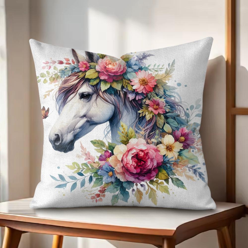 Watercolor Horse  Floral Cushion Cover Natural Linen Organic Fabric DoubleSided Printing Couch Pillow Covers Home Decor