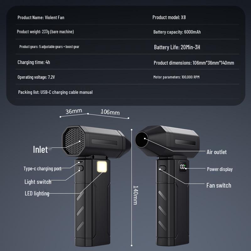 Portable High-Speed Brushless Turbo Fan: Handheld Wireless Hair Dryer for Outdoor Use