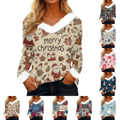 Women's Casual Fashion Long Sleeve Christmas Printed Flannel Collar Top