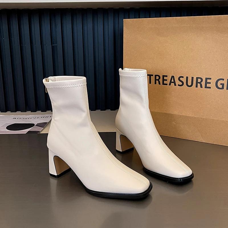 

Осень-зима женские утягивающие короткие сапоги модные квадратные туфли на высоком каблуке с молнией сзади новые женские ботильоны 35