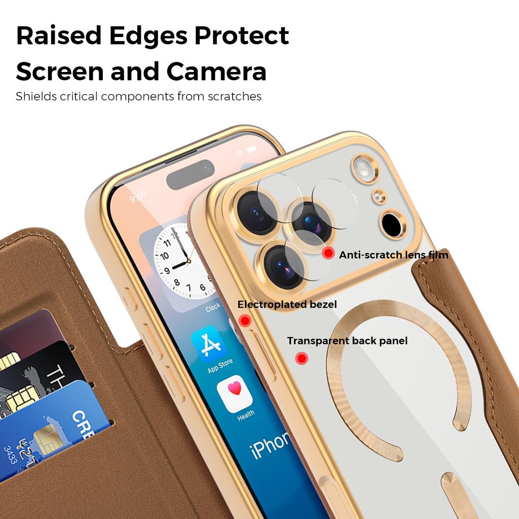 Luxury Transparent Flip Leather Wallet Magnetic Phone Case For iPhone 17 Pro 15 14 13 12 11 16 Pro Max Slot Card Bag For Magsafe 17Air Cover