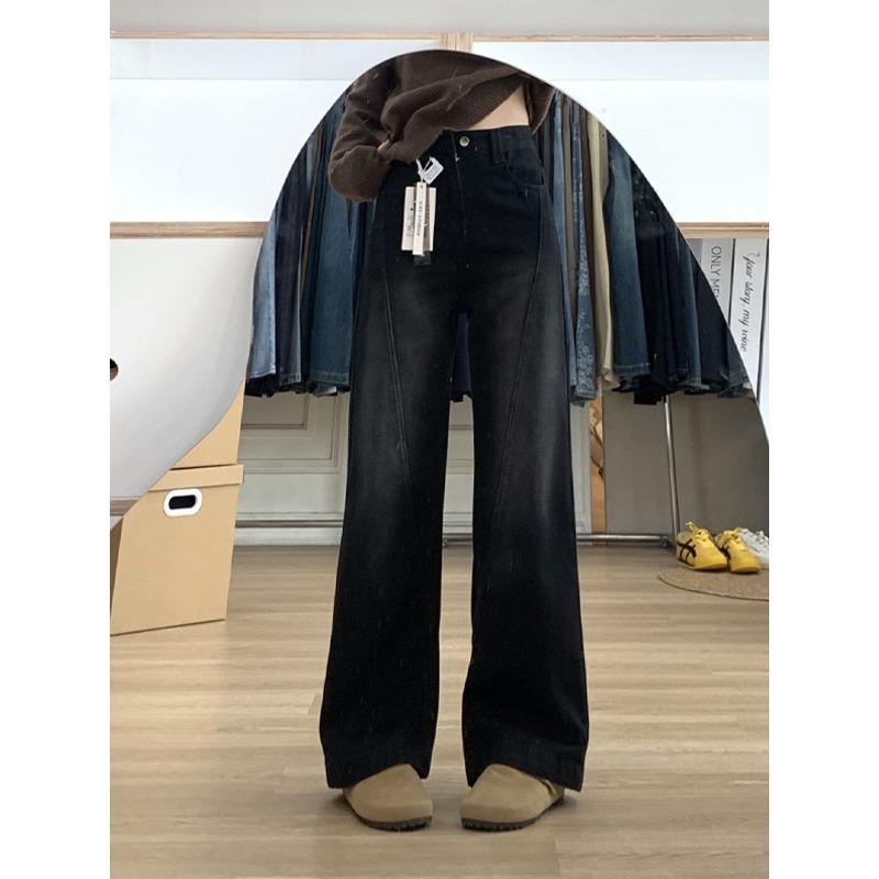 Tall and thin black and gray wide-leg jeans for women's autumn and winter, new design high-waisted straight pants