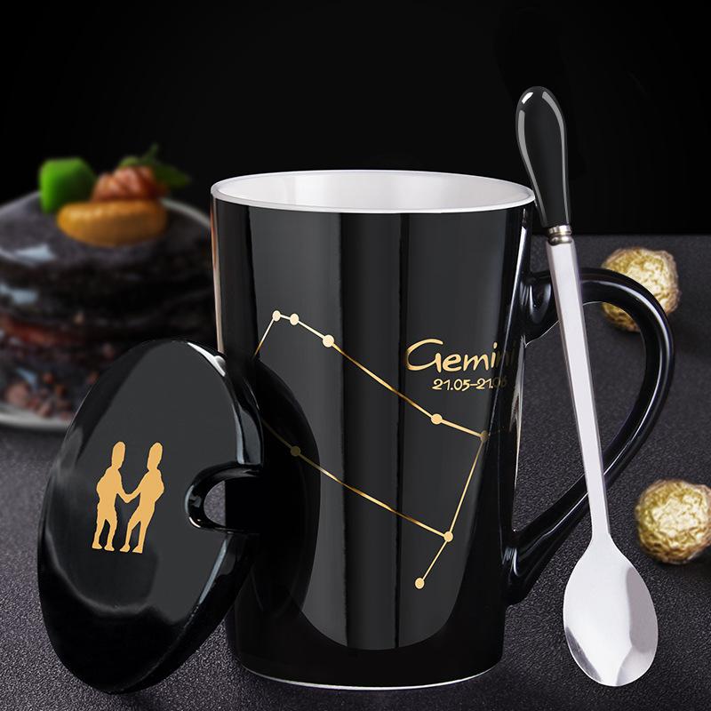 Creative Ceramic Mug - Zodiac Constellations with Lid & Spoon, Perfect Gift for Couples