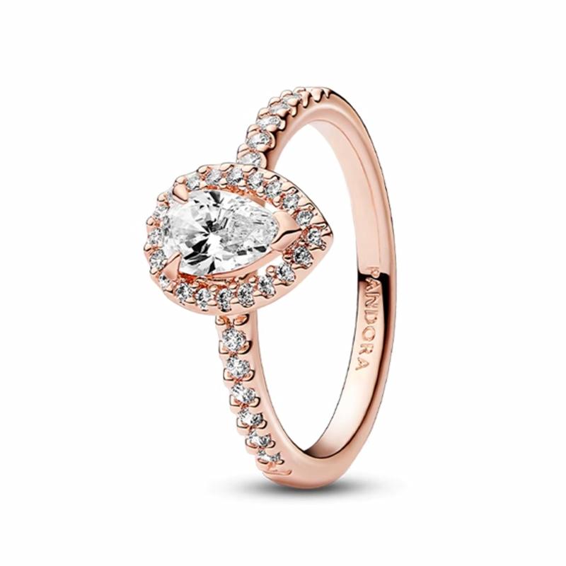 Pandora Pear-shaped inlay design synthetic cubic zirconia ring for women rose gold 182835C01