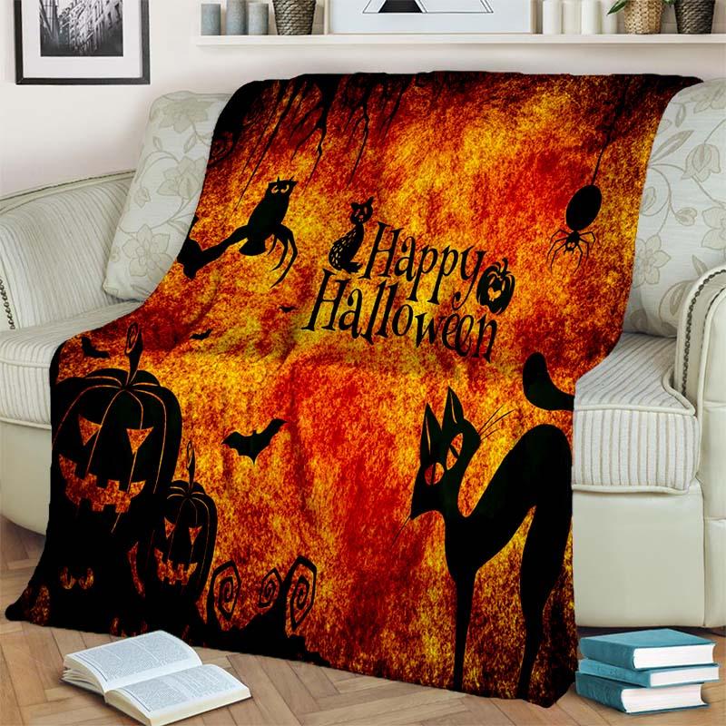 Halloween Pumpkin Ghost Print Flannel Blanket Cozy Warm Throw Bedroom Sofa Present Indoor Home Holiday Lounge Bedding Decor