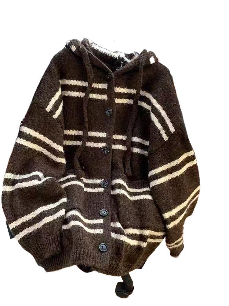 Korean Striped Hooded Cardigan Sweater for Women - 2025 Autumn/Winter