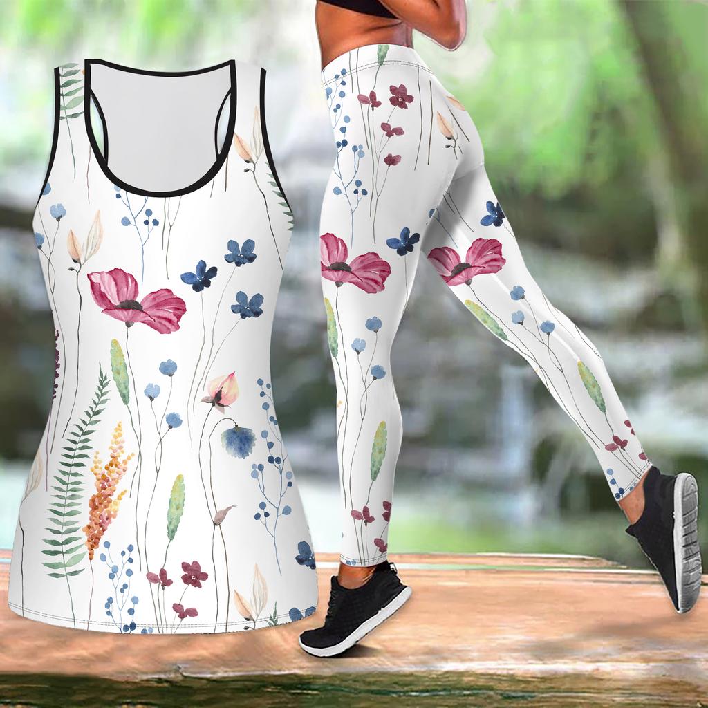 Suya Flower Print Yoga Outfit for Women Fashion Workout Leggings Fitness Sports Casual Yoga Set Sports Suit