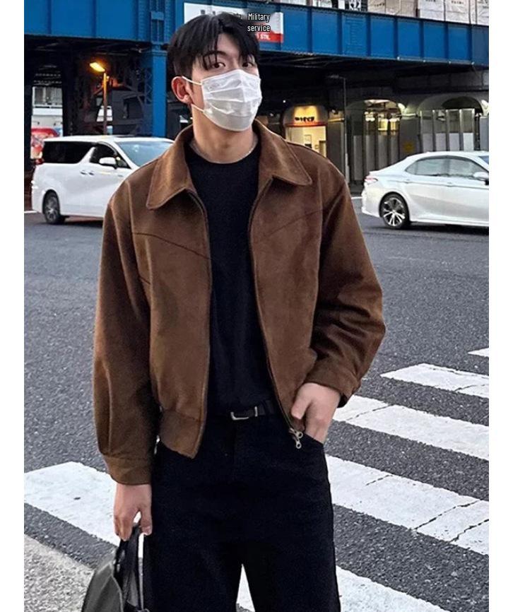 Korean Men's Suede Bomber Jacket: Autumn/Winter, Short, Loose, Thickened, Lapel, Zipper, Hong Kong Style.