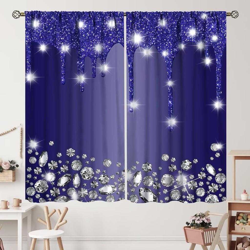 Unique 3D Printing Jewelry Falling Curtains Diamonds Black Backdrop Curtain with Rod Pocket for Bedroom Living Room Kitchen Home