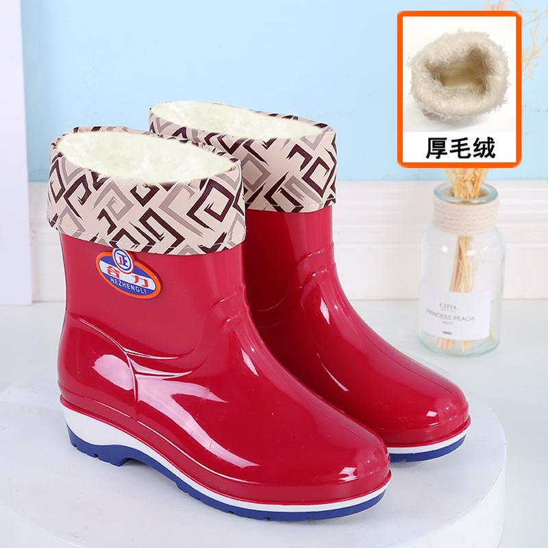Short tube fashion rain shoes women's winter velvet adult warm rain boots waterproof shoes wear-resistant kitchen rubber shoes non-slip