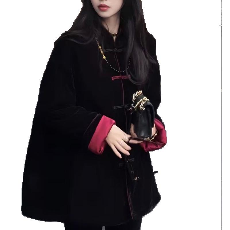 Palton de bumbac lejer în stil chinezesc pentru femei - Toamnă & Iarnă, Gros, Mărime mare, Cu nasturi