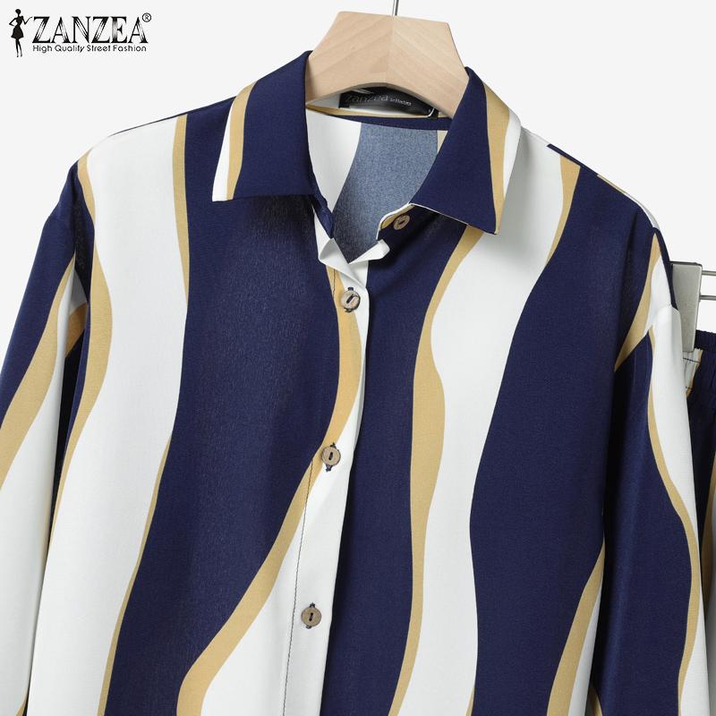 ZANZEA Women Long Sleeve Blouse and Pants Casual Print Two Piece Suit Sets