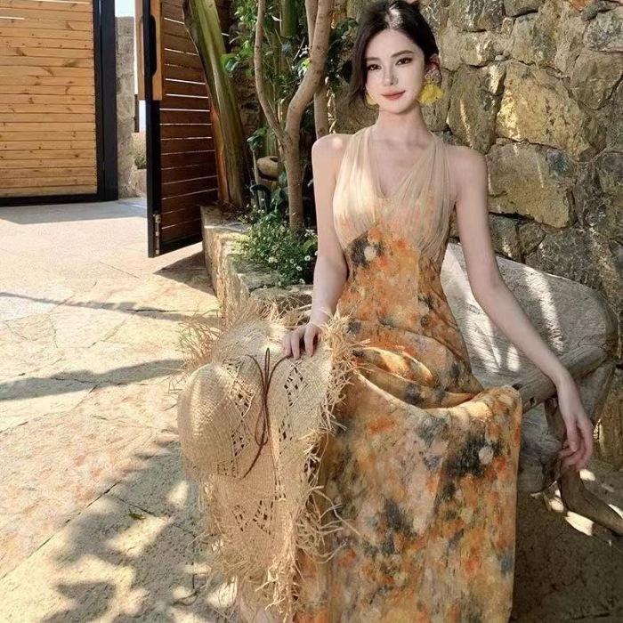 Monet Garden yellow neck dress oil painting dress dopamine island bright beach seaside vacation S
