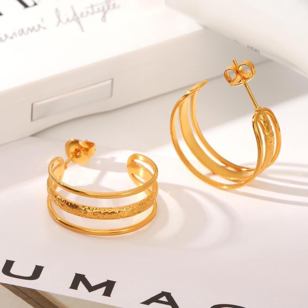 Elegant French-Style 18k Gold-Plated Stainless Steel Earrings – Non-Fading, Versatile Three-Layer Studs