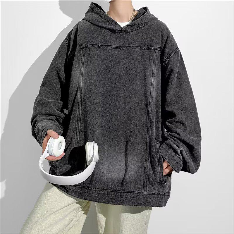 Unisex Retro American Washed Denim Hooded Jacket: Trendy, Loose-Fit Streetwear