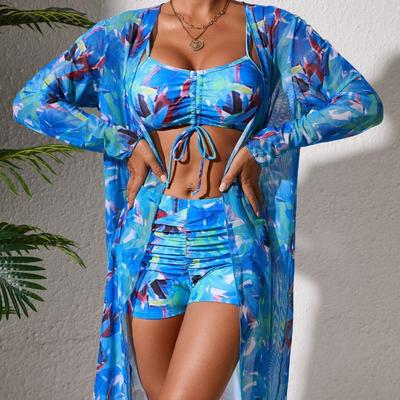European and American New Three-piece Swimsuit Women's Digital Printing Long-sleeved Sunscreen Blouse Boxers Swimsuit