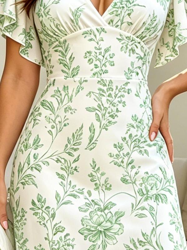 Women Floral Print Maxi Dress V Neck Flutter Sleeve Summer Casual Party Dress