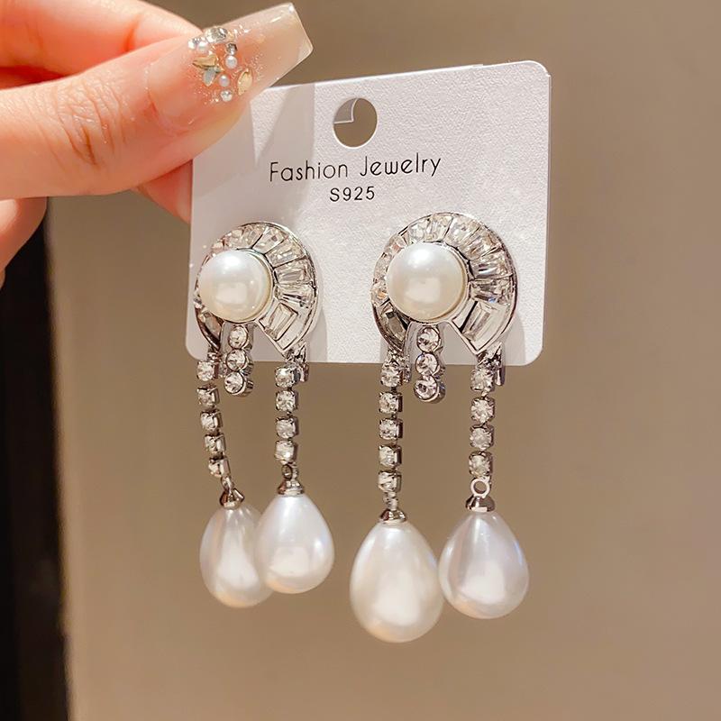 Luxury Geometric Circular Rhinestone Earrings for Women Ladies Imitation Pearl Water Droplet Tassel Earrings Jewelry Accessories