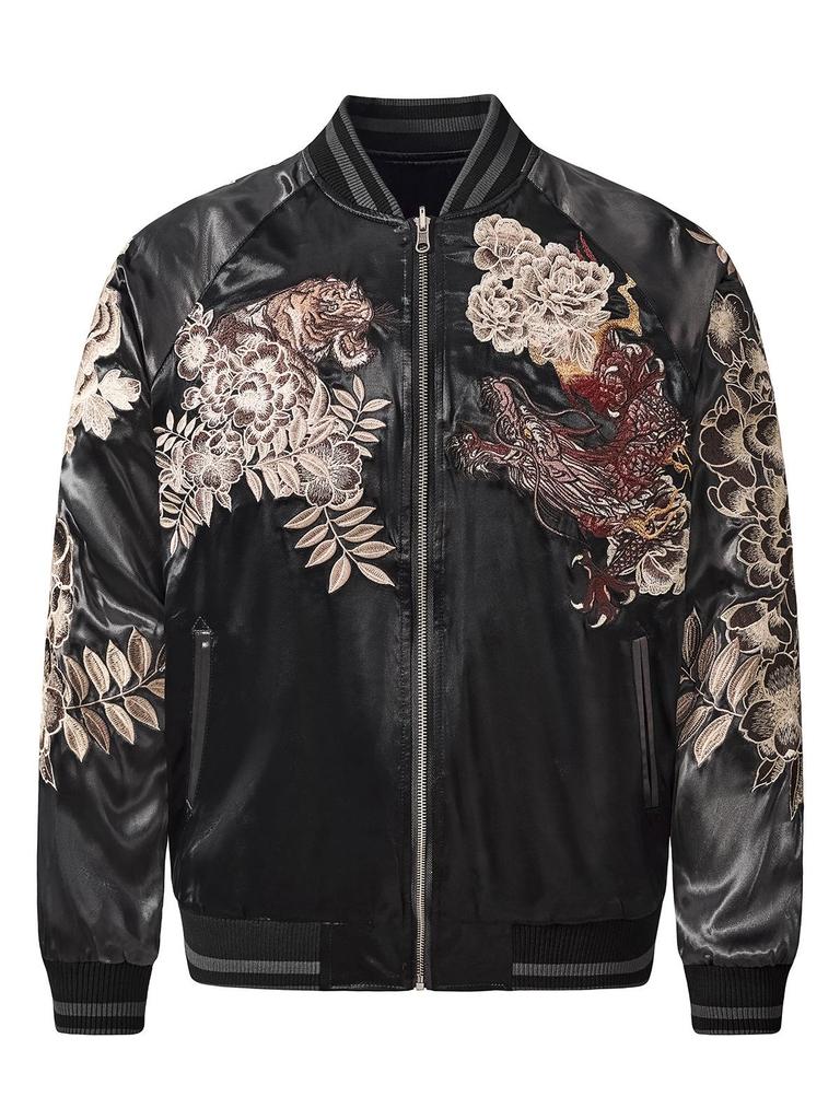 Huaxia Junpin Embroidered Dragon Tiger Baseball Jacket - Heavy Duty Chinese Style Outerwear, S108