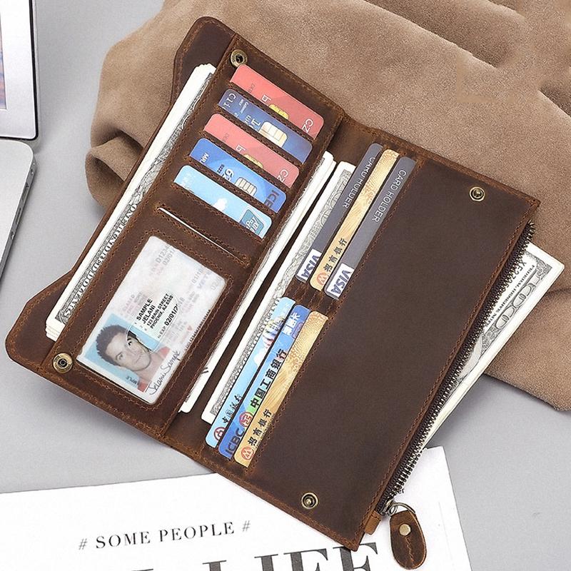 Crazy Horse Leather Long Wallet for Men Full Grain Cowhide Retro Business Wallet Handmade Snap Closure Card Holder Ready Stock