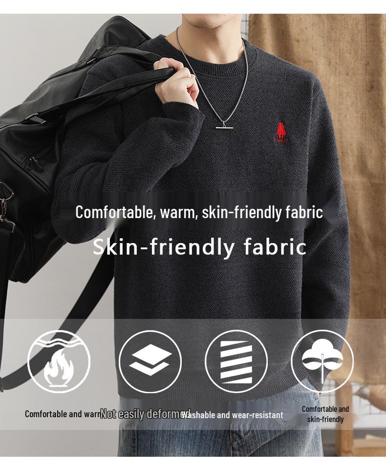 Men's Youth Velvet Thickened Wool Sweater - Embroidered, Warm, Trendy Round Neck Knitwear for Autumn and Winter