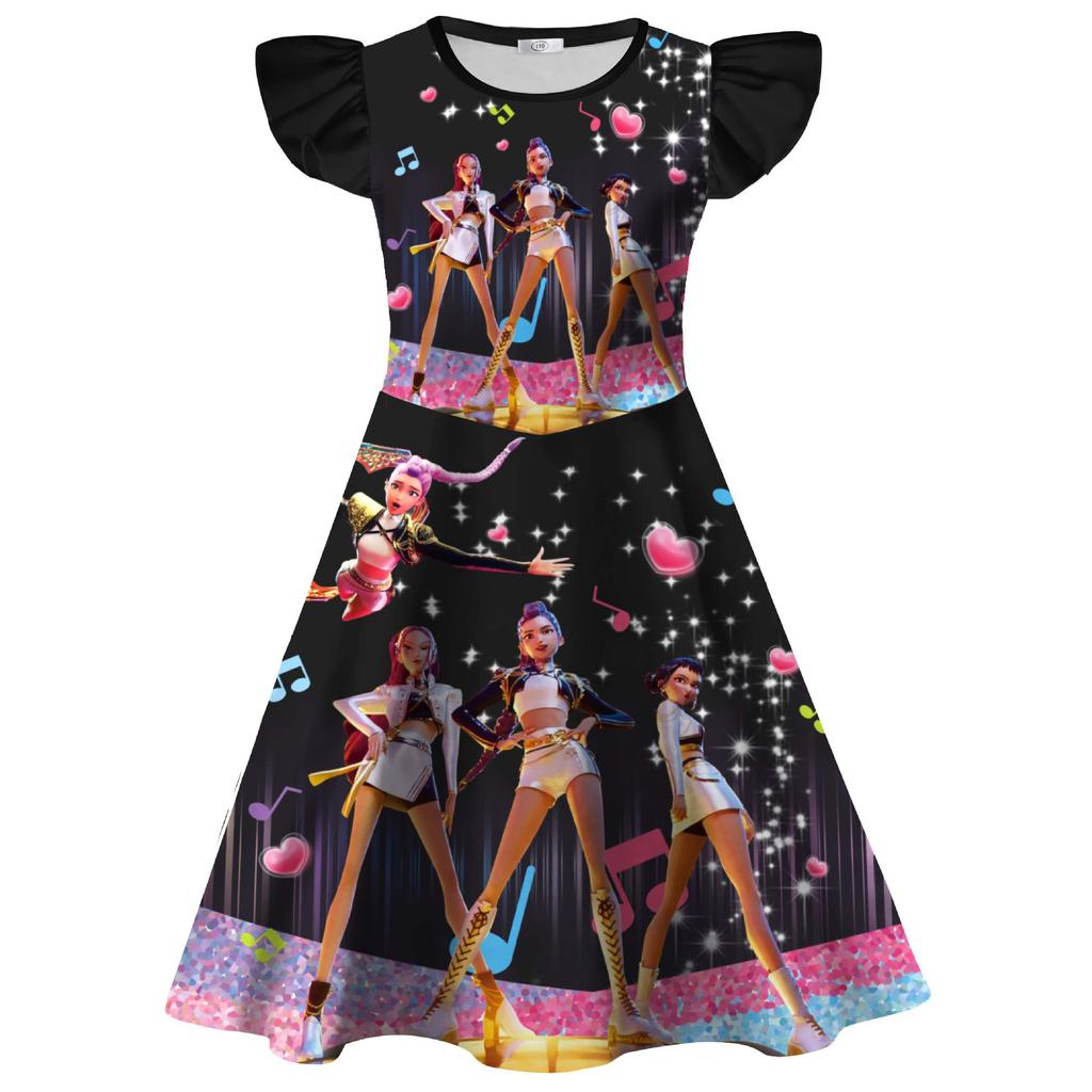 New Demon Slayer Costume Print Girls' Flutter Sleeve Milk Silk Dress