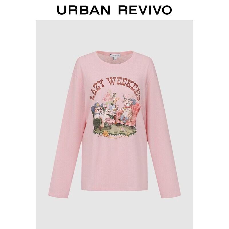UR2026 Women s Casual Distressed Cat Print Long-Sleeve T-Shirt S