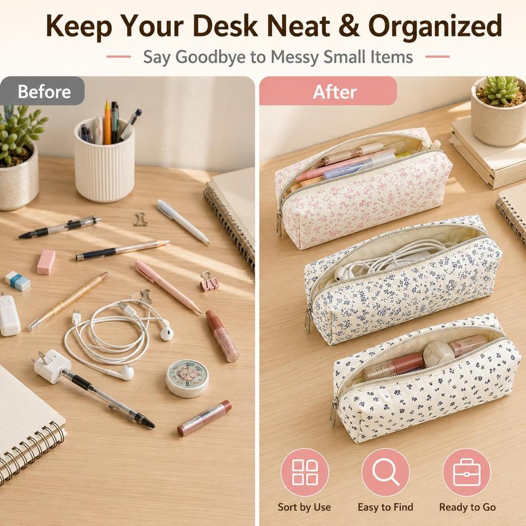 Pencil Case: 4-Piece Portable Cotton Pouch Cute Floral Design - Vintage Art Stationery Set for Kids