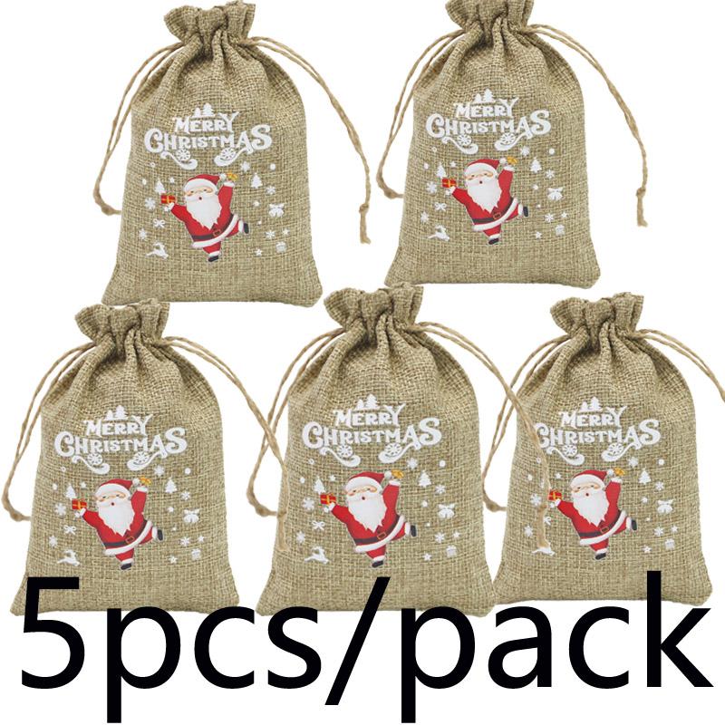 (5 Pieces/bag) 10 * 15cm Linen Gift Bag Christmas Pendant Bag Packaging Bags Apple Santa Claus Pattern Gift DIY