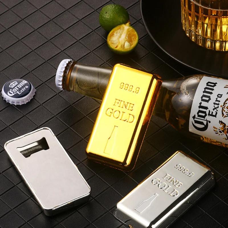 2-Piece Stainless Steel Creative Bottle Cap Opener Set (Gold Brick-Imitation/Silver Ingot-Imitation), Creative Magnetic Fridge D