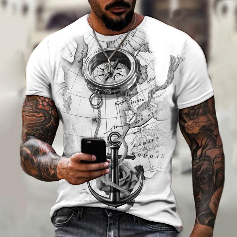 New Men's Summer 3D Printed Compass T-shirt Hip Hop Style Cross Style Short Sleeve T-shirt