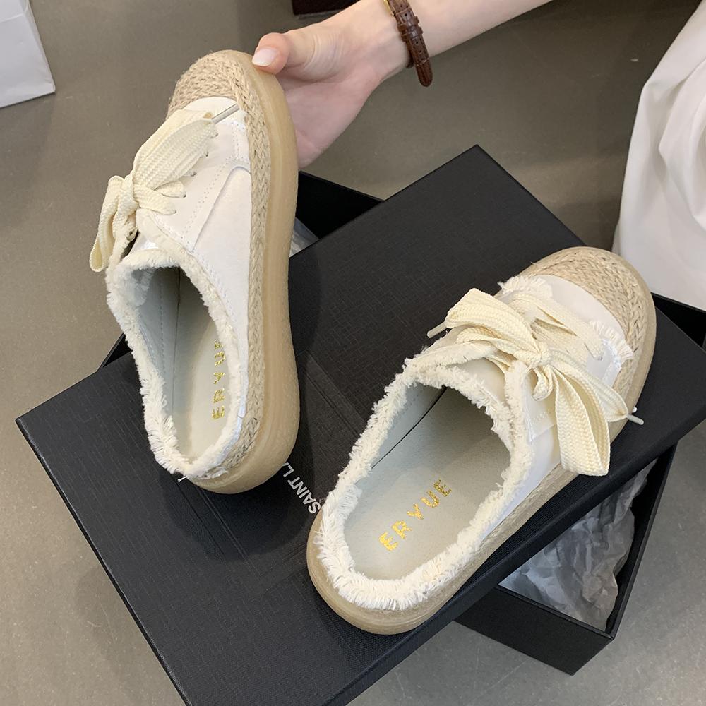 Fashion Fisherman Shoes Canvas Baotou Half Slippers Women's Summer Outside Wear 2025 Lacing Senior Sense Thick Bottom Muffin Bottom Lazy