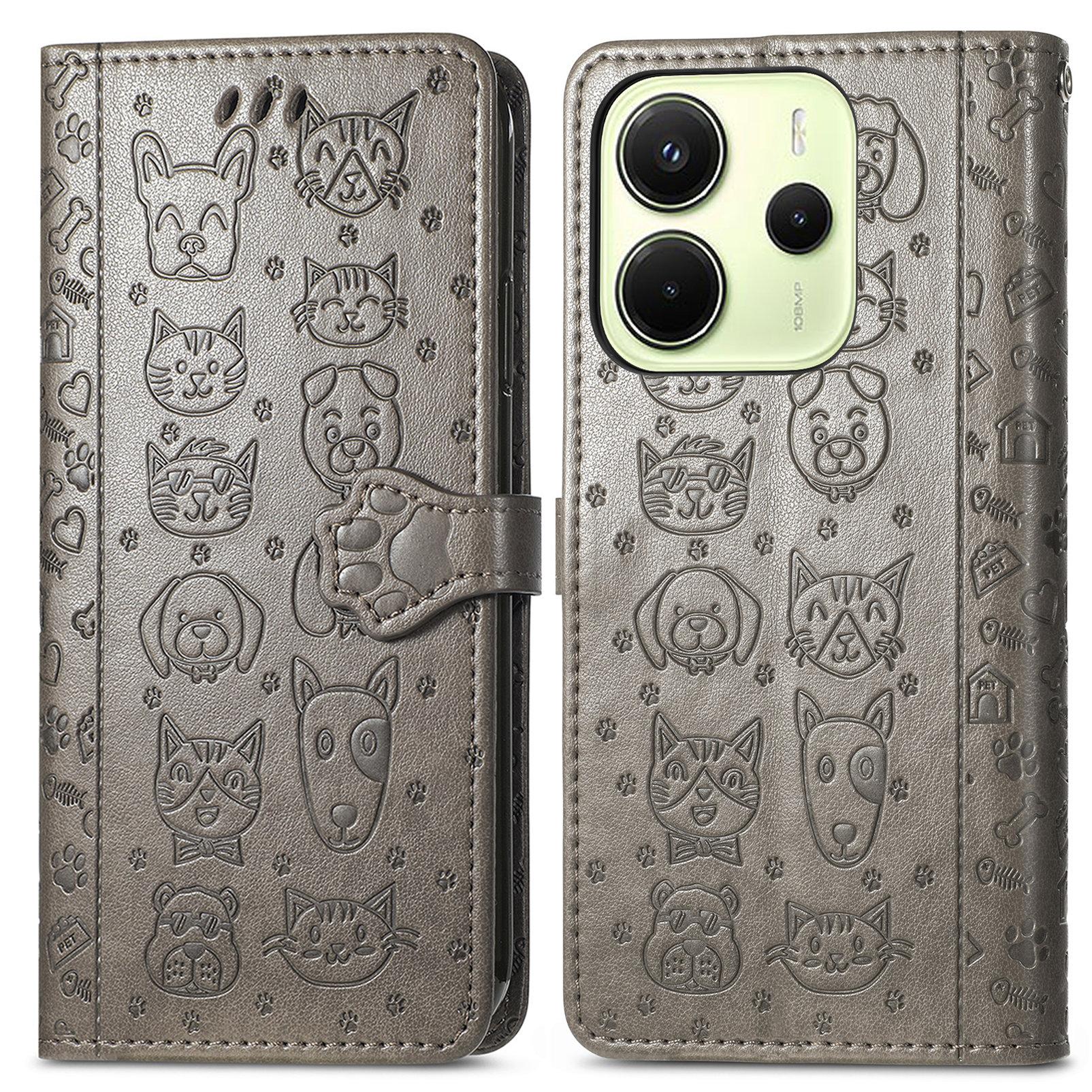 

For Xiaomi Redmi Note 14 4G (164.84x78.15x8.16mm) Leather Wallet Case Flip Phone Cover with Cute Cat Dog Pattern Grey
