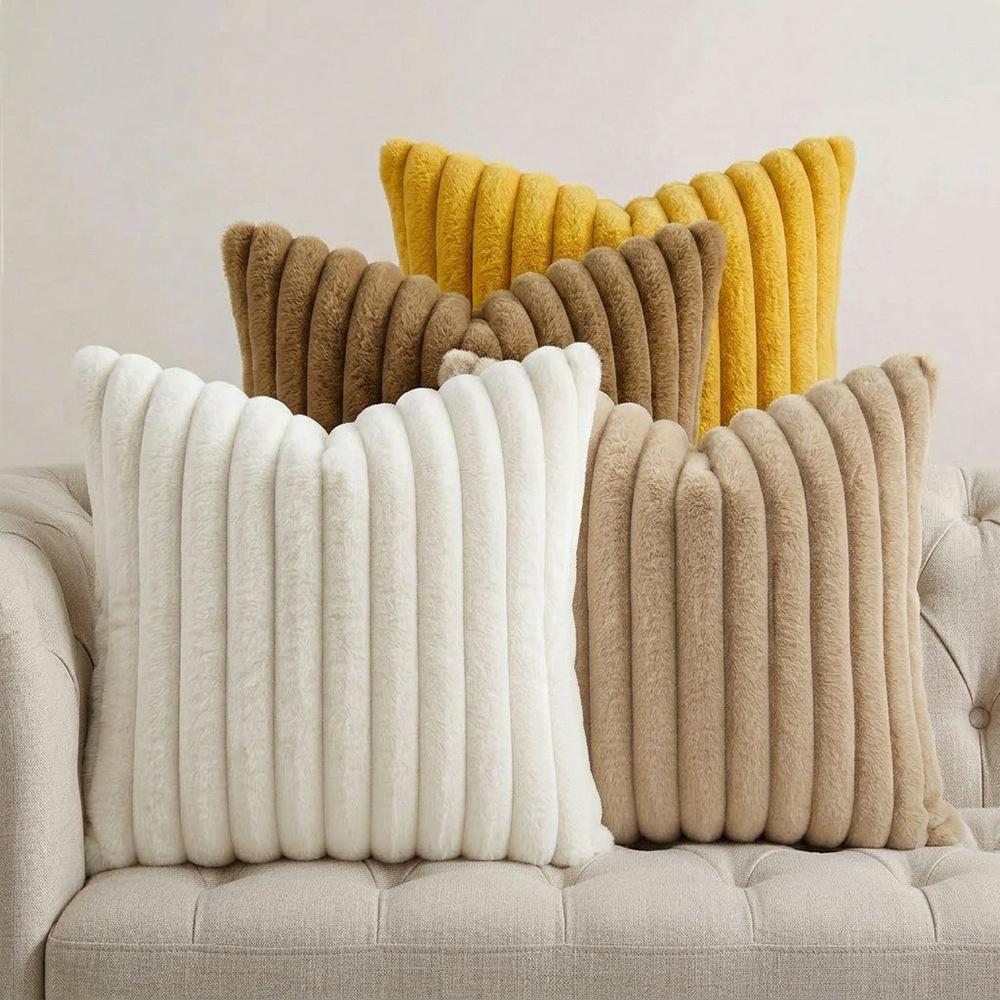 4PCS Soft Plush Pillowcases, Solid Color Striped Faux Rabbit Fur Pillowcases, Living Room Sofa Cushion Covers