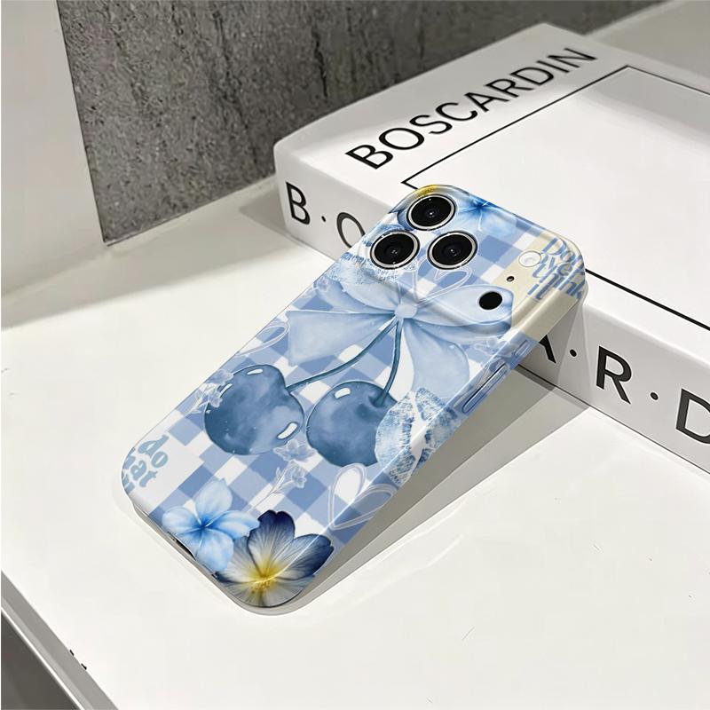 Chic Blue Checkered Cherry Bow Decorative Art Graphic Film Aesthetic Protective Shockproof Bumper Phone Case Cover For iPhone 14 15 16 17 Pro Max Plus