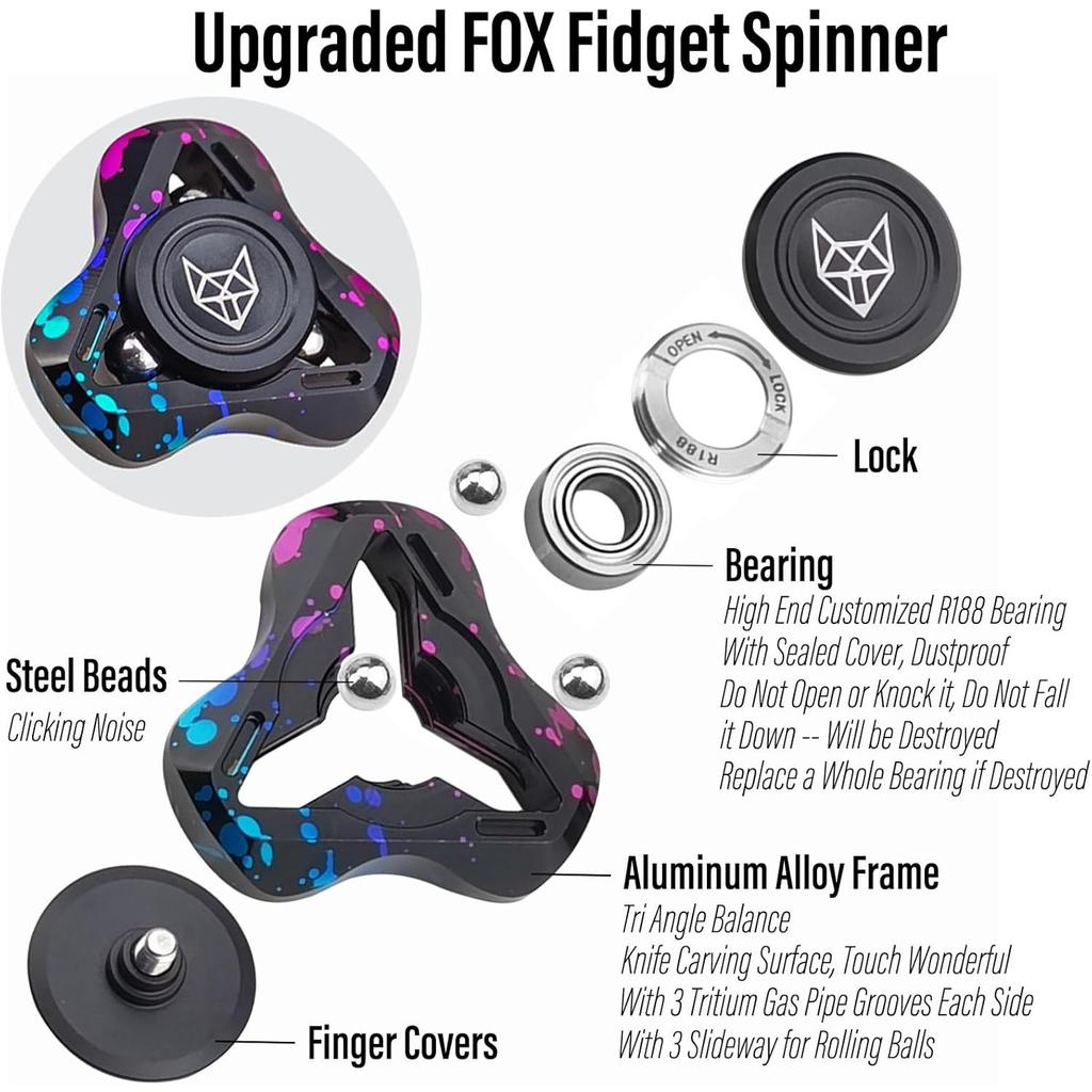Fox Tri 1.8'' Fidget Spinner with Steel Beads, Luminous Metal Spinners Toy, Premium Bearing 2~4Min, Autism Sensory ADHD Anxiety Focus Meditation