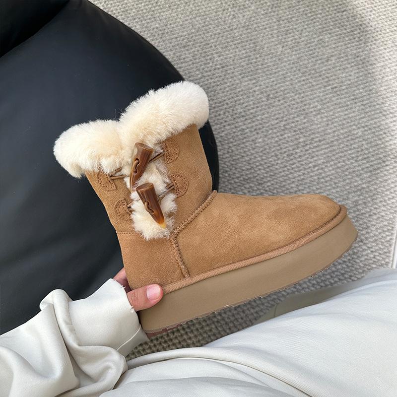 

Sangpo зимние сапоги на толстой подошве с интегрированным мехом 2025 новые сапоги до колена с пряжкой-рогом теплые шерстяные сапоги хлопковая обувь зима 40