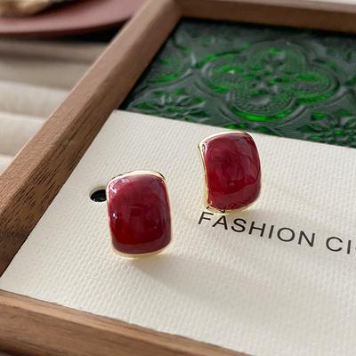 Red Enamel Square Stud Earrings Atmospheric High-End Earrings Ankola Red Port Style Temperament Drip Glaze New Year Earrings Women
