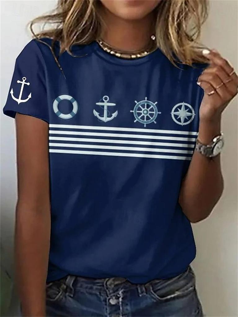 Boat AnchorGraphic T-shirt For Women 2025 New Design Short Sleeve Stripe T Shirts Summer Oversized Fashion Elegant Kids Tees