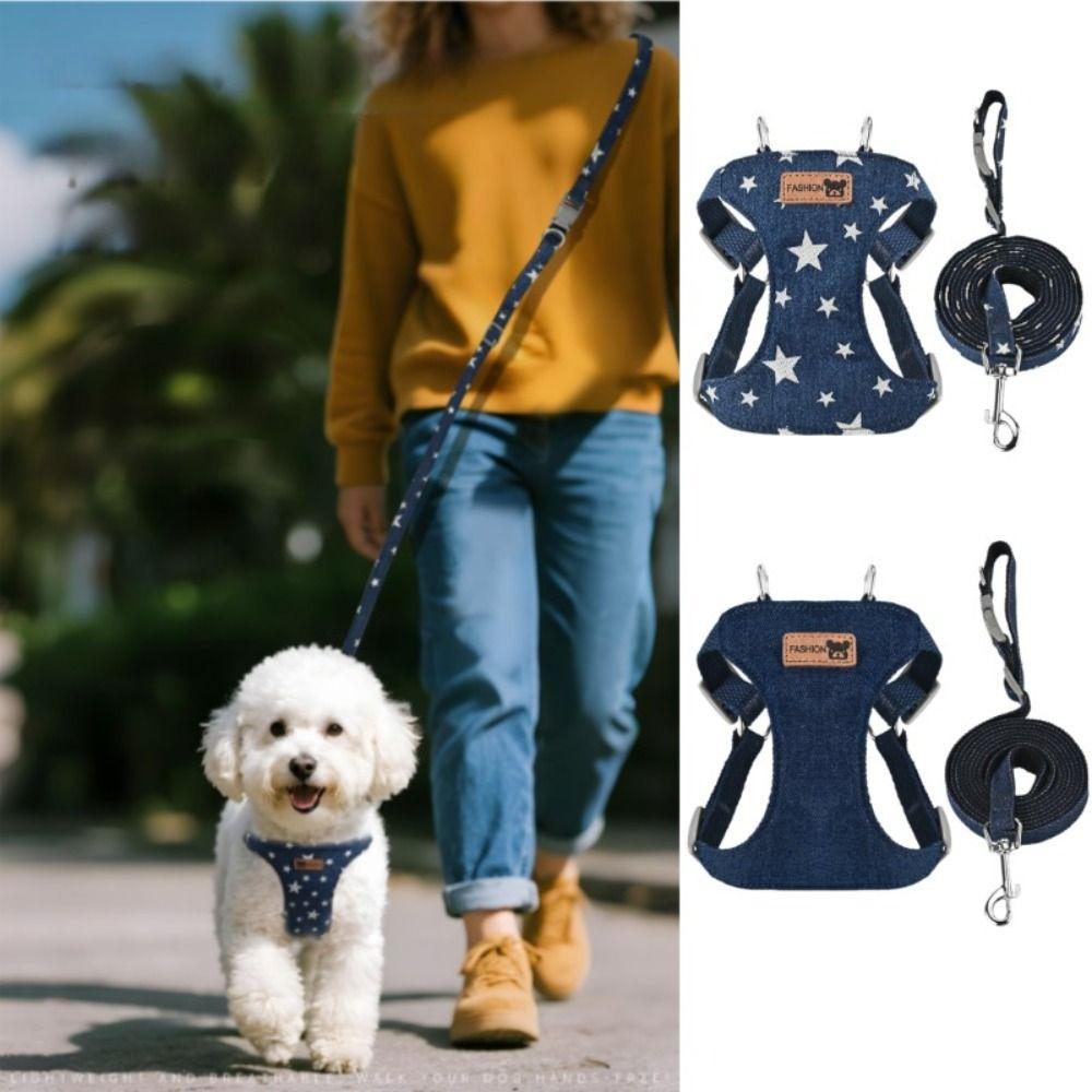 Adjustable Dog Harness Lead Leash Set Breathable Denim Mesh Pet Harness Vest Style Escape Proof Dog Chest Harness Pet