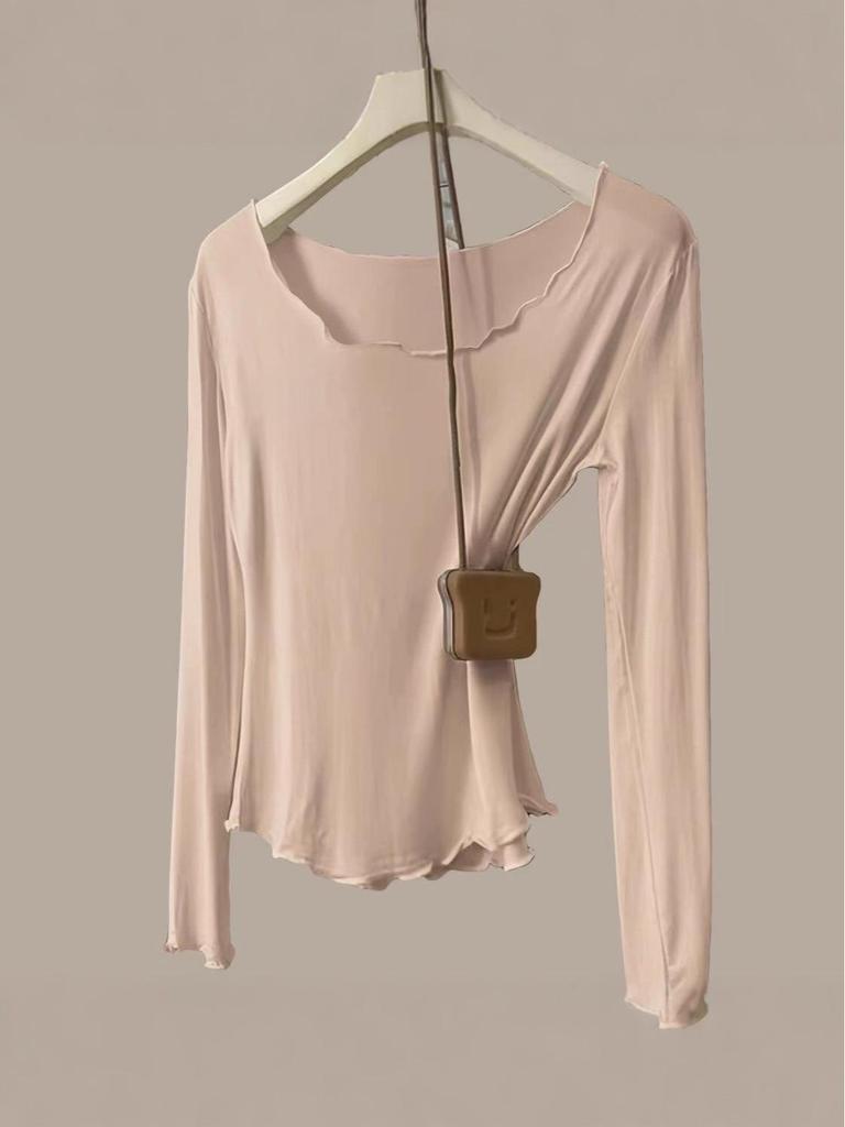 Women's Autumn Modal Ribbed Top: Round Neck, Long Sleeve, Rolled Hem, Base Layer T-Shirt