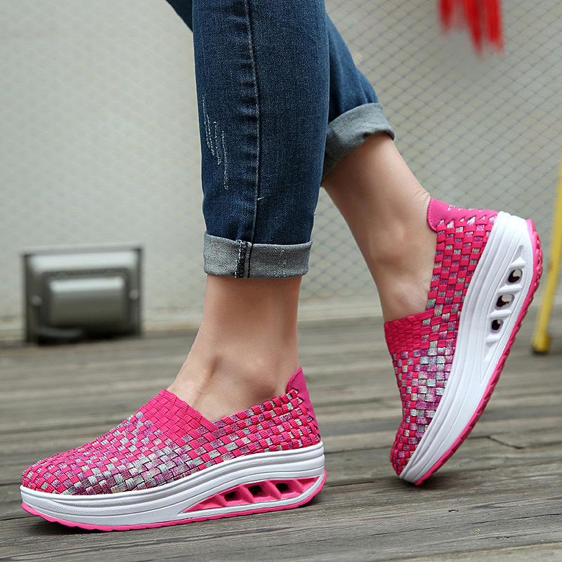 Summer Sneakers Women Shoes Wedges Increased Thick Platform Shoes Woman Woven Breathable Casual Sneakers Tenis