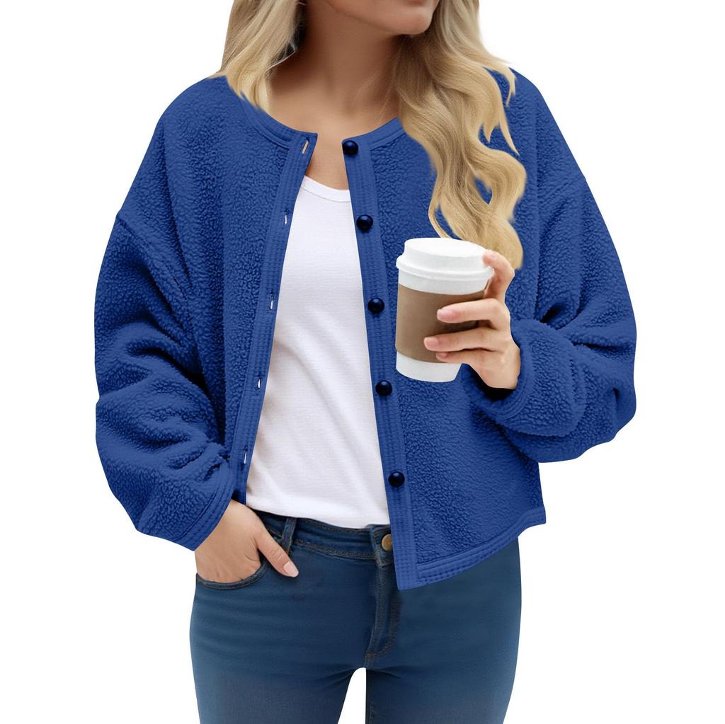 Women's Fashion Autumn/Winter Casual Classic Button-Front Round Neck Short-Length Shearling-Lined Long-Sleeved Coat