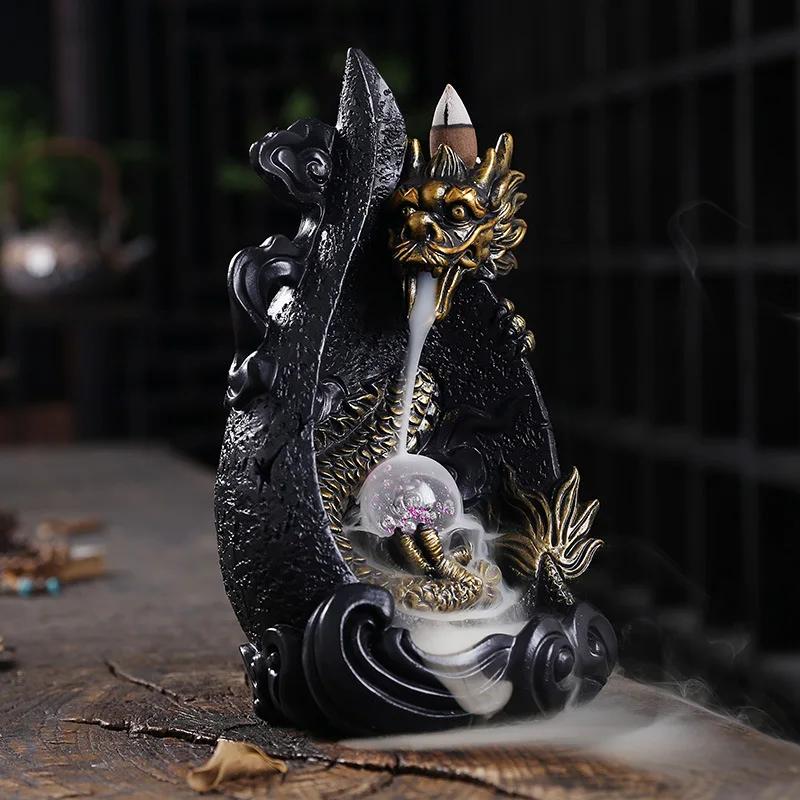 LED Dragon Backflow Incense Holder Waterfall Incense Burner Smoke Incense Censer +20Backflow Incense Cones Aromatherapy Ornament