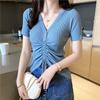 2023 Summer Women's V-Neck Ice Silk Knitwear, Slimming Half-Sleeve Top with Button Drawstring