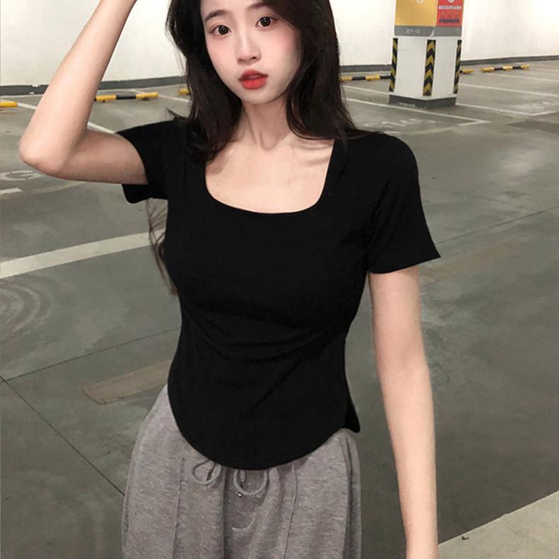 Women Short Sleeve Square Neck T-Shirt Spring and Autumn New Irregular Hem Slim Casual Top Girl Bottom Shirts