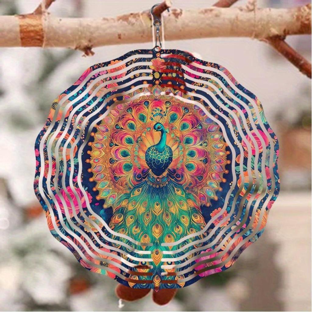 Flower Peacock Wind Chime Outdoor Garden Patio Decor Weatherproof 2D Art Rotating Hook Holiday Home Decoration