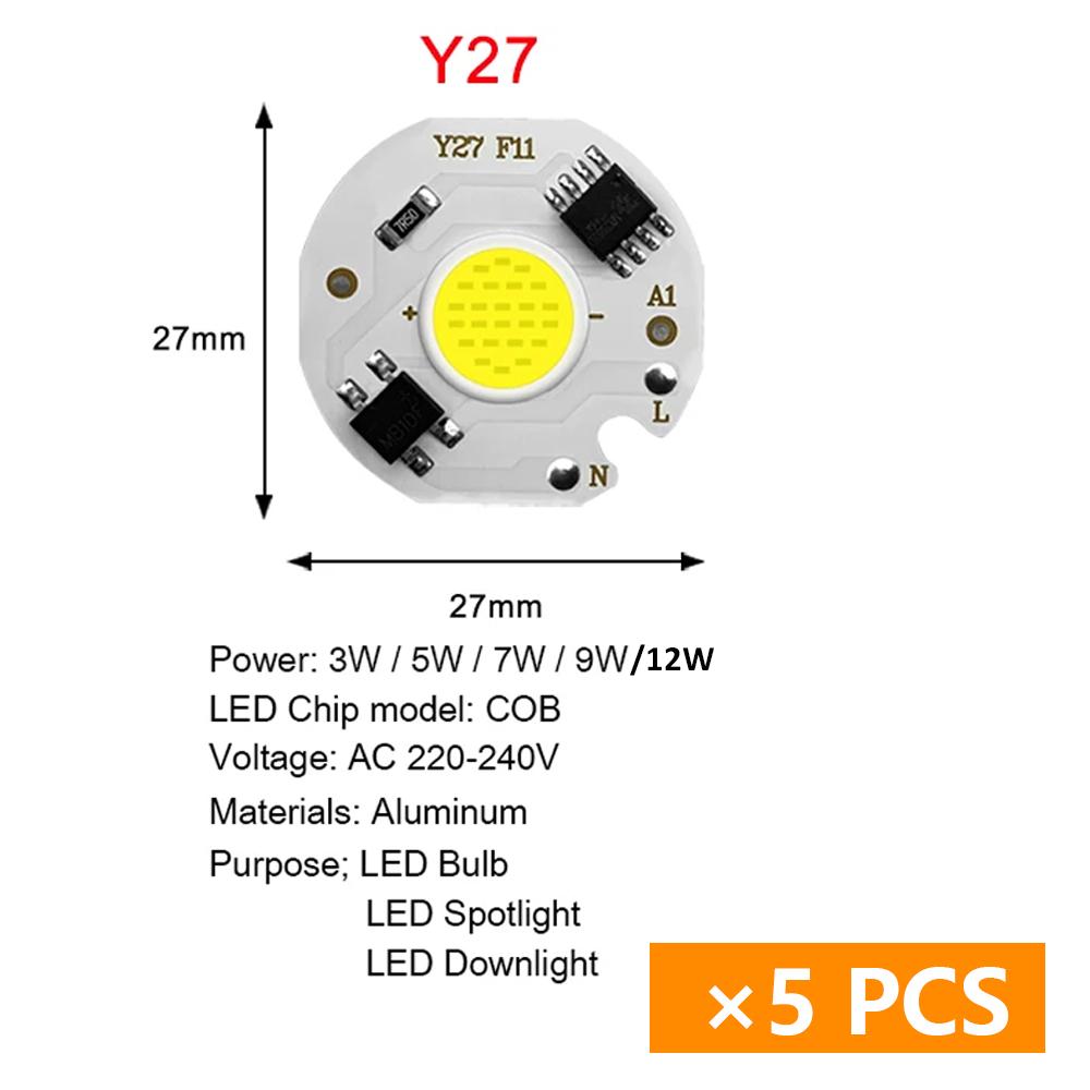 

5 шт. COB светодиодный чип лампы Y32 Y27 3 Вт 5 Вт 7 Вт 9 Вт 12 Вт 220 В 230 В Smart IC без драйвера Светодиодная лампа-ампула Прожектор Прожектор DIY Освещение 3W&Warm White