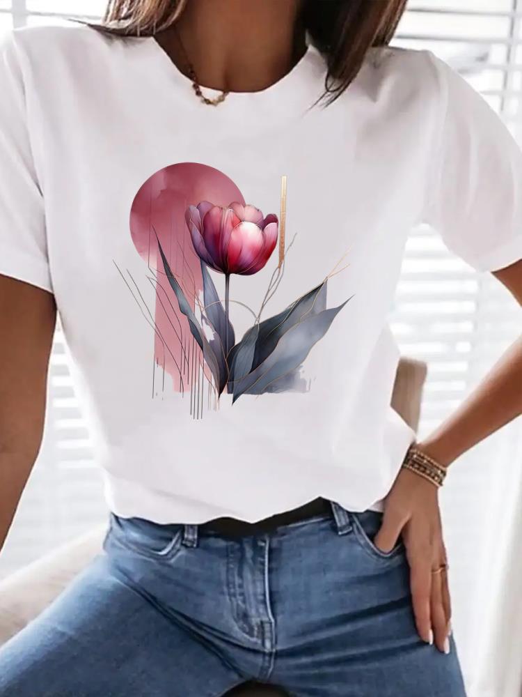 (Asian Size) Print flower butterfly trend Women Tee Top T Shirt Woman Fashion Female Short Sleeve Clothing Graphic T-shirts